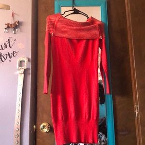 Off the shoulder red sweater dress